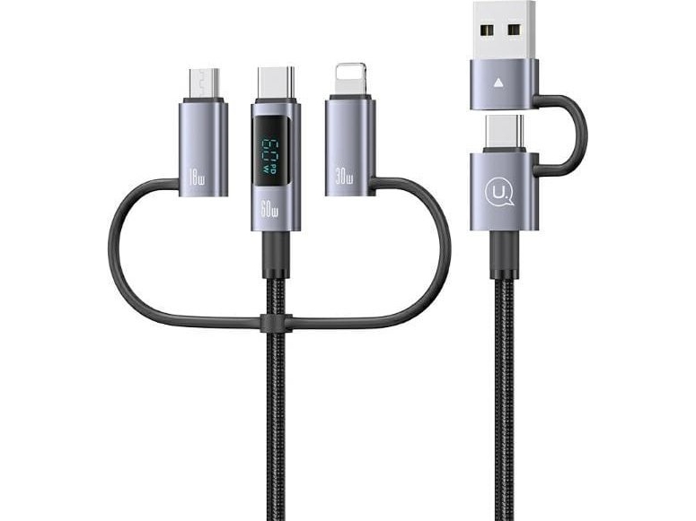 Usb-Kabel Usams Usb-A + Usb-C Til Usb-C + Microusb + Lightning, 2 M – Grå
