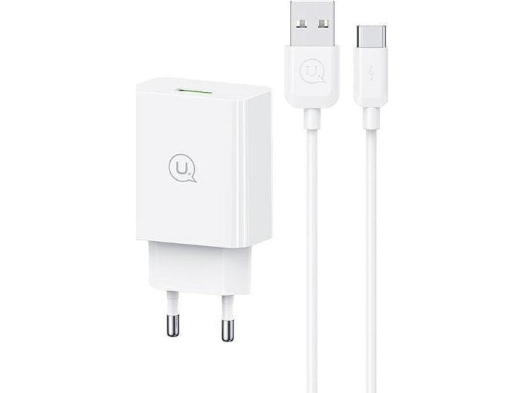 Usams Laidinis Įkroviklis 18W + Kabelis Usb-C/Usb-A 1M Fast Charging Baltos Spalvos Serie Sc Scxltz02