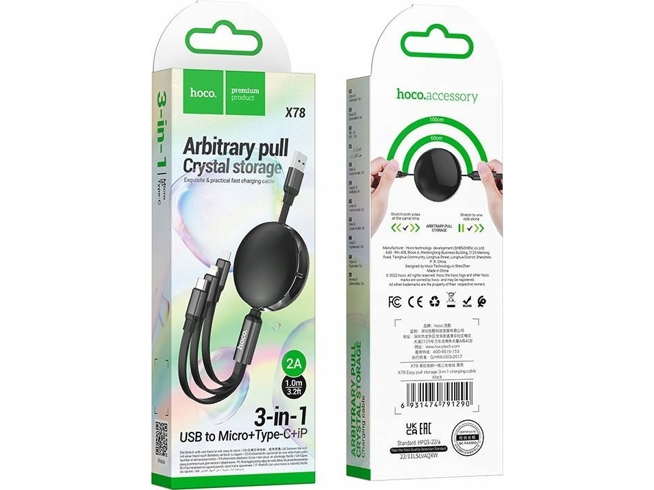 Usb-Kabel Hoco Usb-A Til Usb-C + Microusb + Lightning 1 M Sort
