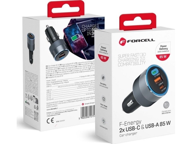 Forcell F-Energy Alu Biloplader 2 X Type C + Usb A Pd Qc4.0 Sfc2.0 3A 85W Grå