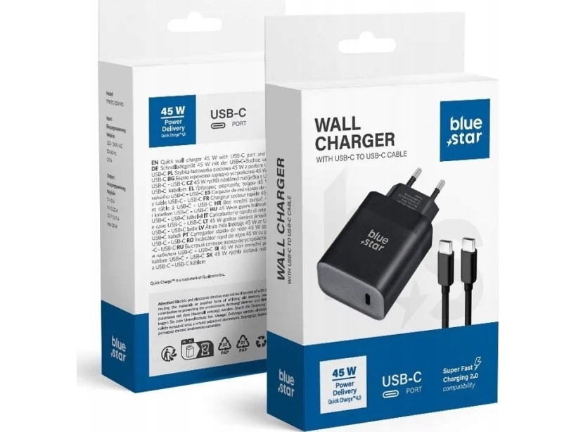 Blue Star Blue Star Netoplader 3A 45W Type C + Type C Til Type C-Kabel Pd Qc4.0 Tfb-Tc-45Wpd Sort