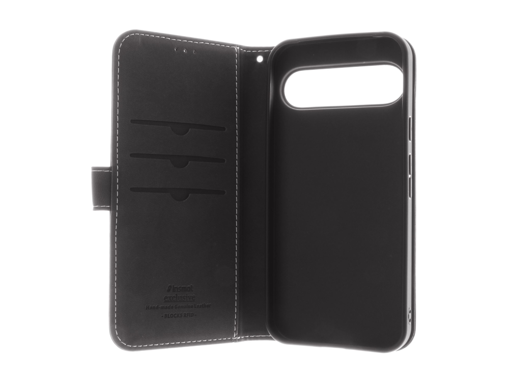 Insmat Exclusive - Flipomslag Til Mobiltelefon - Ægte Læder, Karton+Papir+Aluminiumsfolie, Polycarbonat (Pc) - Sort - For Google Pixel 9 Pro Xl