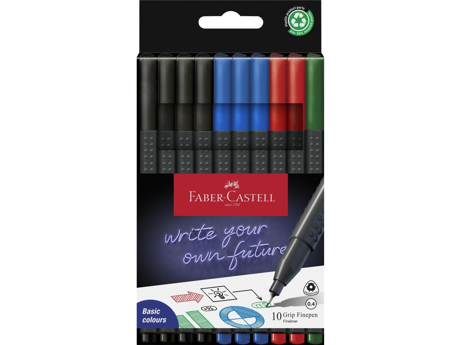 Faber Castell Grip Finepen Sort Blå Grøn Rød Fin Trekant Metal 0 4 Mm Papkasse