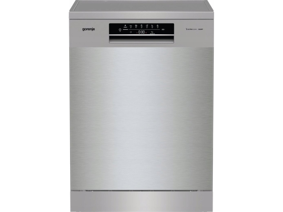 Astianpesukone Gorenje GS643E90X | Lattialle seisova | Leveys 59,9 cm | 6 ohjelmaa | E-luokka | Näyttö | AquaStop-toiminto | Hopea | Silver