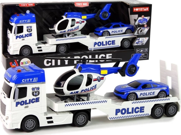 Lean Cars Policijos rinkinys su vilkiku, automobiliu ir sraigtasparniu