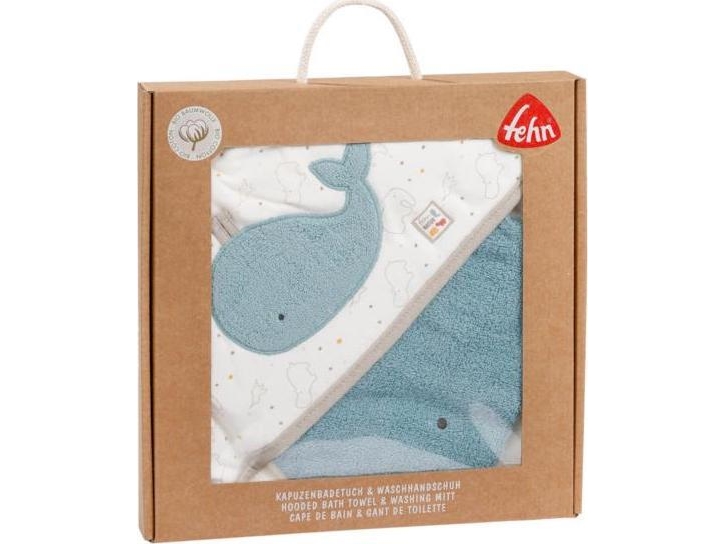 Fehn badesæt med hætte og vaskeklud, hval, fra kollektionen