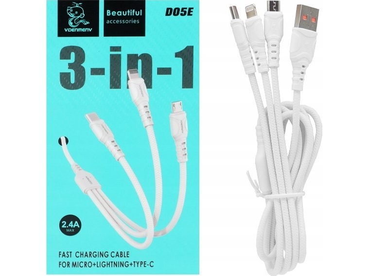 Kabel Usb Denmen Kabel Usb 3W1 Denmen Biały 1M D05e>