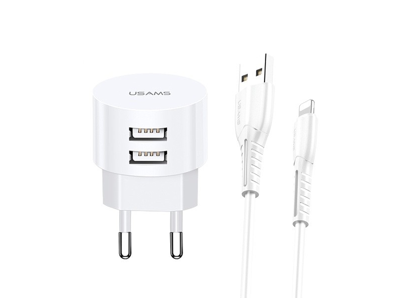 Usams T20 2.1A 2Xusb+Lightning Kabeloplader - Hvid