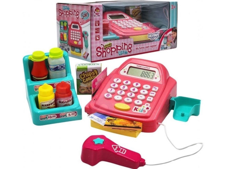 Vaikiškas kasos aparatas su lentynėle ir priedais WOOPIE rožinis
