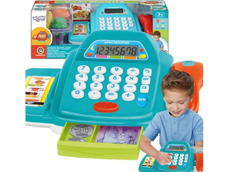 Woopie Shop-kasseapparat med lommeregner og tilbehør fra Lumarko!