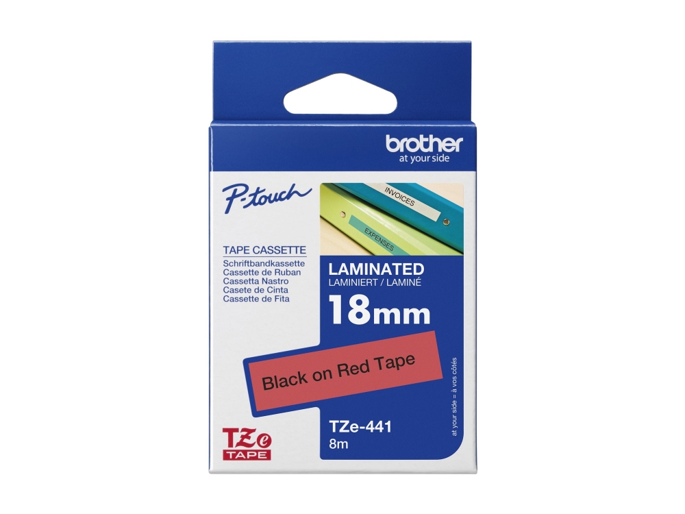 Brother TZe-441 - Standard klæbemiddel - sort på rød - Rulle (1,8 cm x 8 m) 1 kassette(r) lamineret bånd - for Brother P-Touch Cube Plus PT-P710BT, PT-P710BTH  P-Touch EDGE PT-P750WVP and P-Touch.