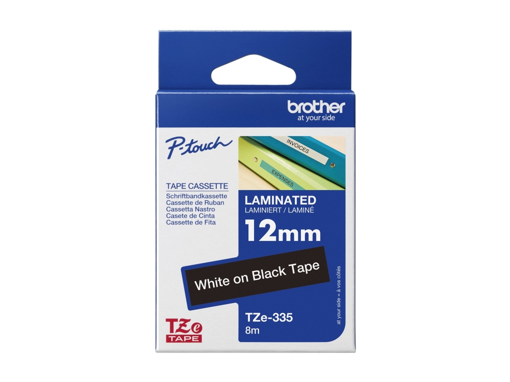 Brother Tze-335 - Standard Klæbemiddel - Hvid På Sort - Rulle (1,2 Cm X 8 M) 1 Kassette Lamineret Bånd - For Brother Pt-D210, D600, H110 P-Touch
