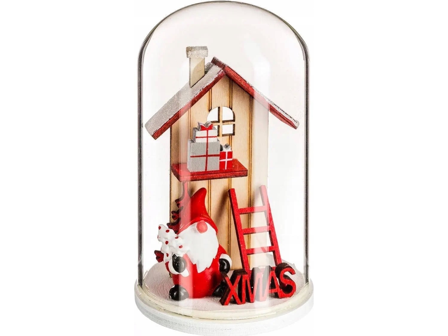 Juledekoration Atmosphera Glaskuppel med julehus i træ, 12 cm