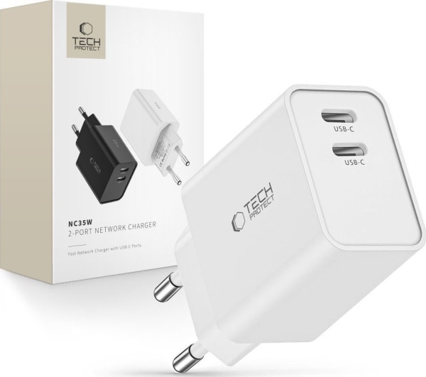 Ładowarka Tech-Protect TECH-PROTECT C35W 2-PORT NETWORK CHARGER PD35W WHITE | EL Artiklar - Batteri - Batteriladdare | GameStuff