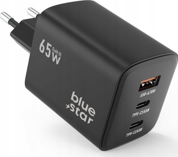 Blue Star Blue Star Netoplader Gan 4A 65W 2 X Type C + Usb A Pd Qc4.0 Vt-43 Sort
