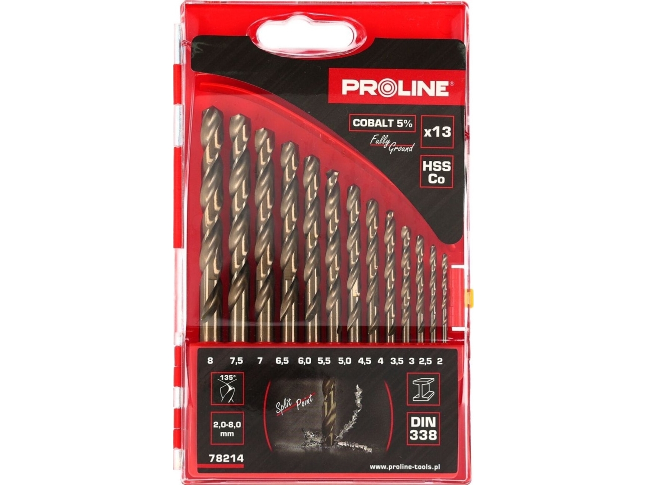 Grąžtas Pro-Line Proline Hssco Din338 Metaliniai Grąžtai, Šlifuoti, 13 Vnt (2-8 Mm) Prolino