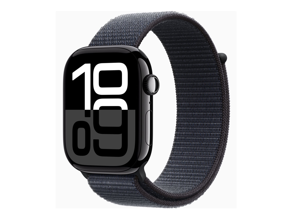 Apple Watch Series 10 (GPS + Cellular) - 46 mm - jet black aluminium - smart klocka med sport&ouml;gla - mjukt nylon i dubbla lager - bl&auml;ck - handleds: 130-200 mm - 64 GB - LTE, Wi-Fi 4, UWB, Bluetooth - 4G - 35.3 g