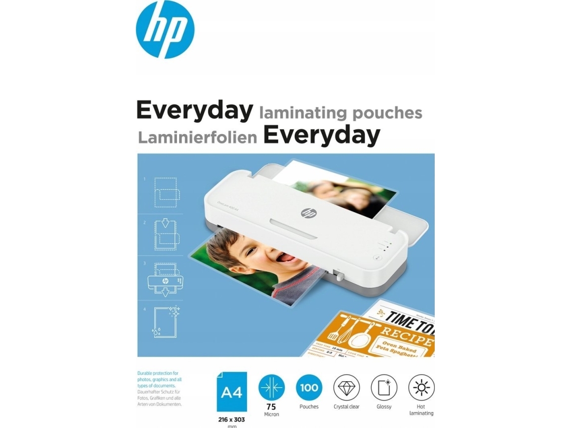 Hp Everyday Laminierfolien, A4, 75 Mic, 100 Stück, Transparent/Glänzend