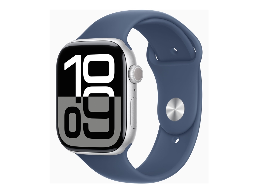 Apple Watch Series 10 (GPS) - 46 mm - sølvaluminium - smart ur med sportsbånd - fluoroelastomer - denim - båndstørrelse: S/M - 64 GB - Wi-Fi 4, UWB, Bluetooth - 36.4 g