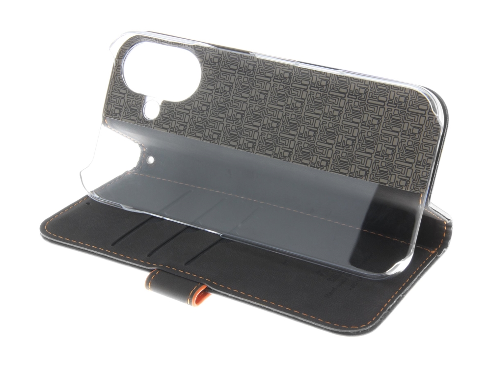 Insmat Exclusive - Flipomslag Til Mobiltelefon - Ægte Læder, Karton+Papir+Aluminiumsfolie, Polycarbonat (Pc), Bomuldssyninger - Sort/Orange - For App