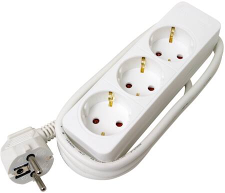 Stikkontaktdåse, 10A, Schuko 3 udtag, med jord, uden afbryder, 1,4 meter ledning, hvid