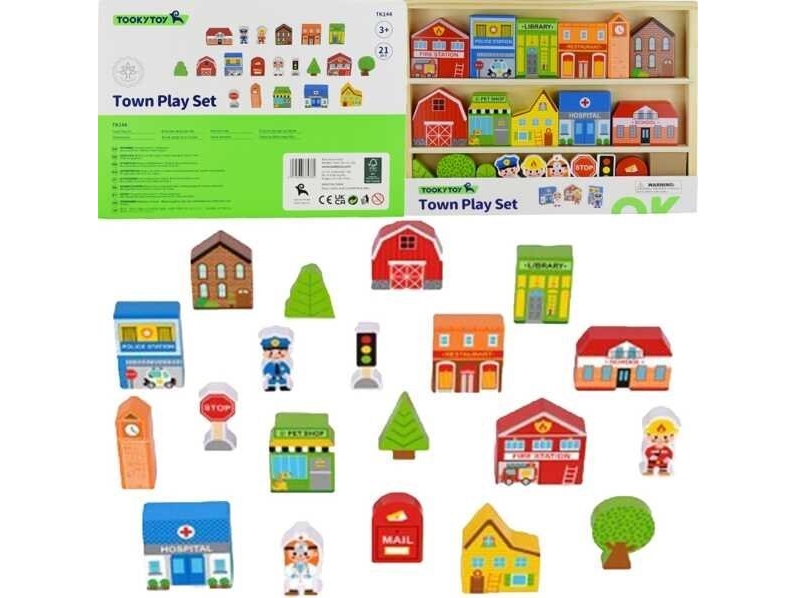 Tooky Toys Paimtas žaislinis medinis pastatų komplektas ir „Figurines City“