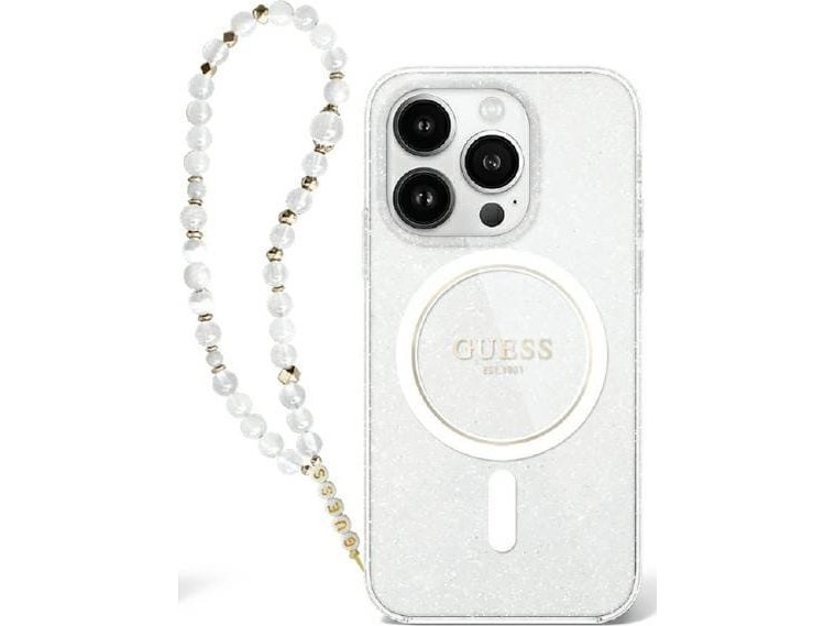 Guess Guess Guhmp16xhgcrelst Iphone Pro Max   Przeroczysty Transparent Hardcase Iml Glitter With Pearl Strap Magsafe