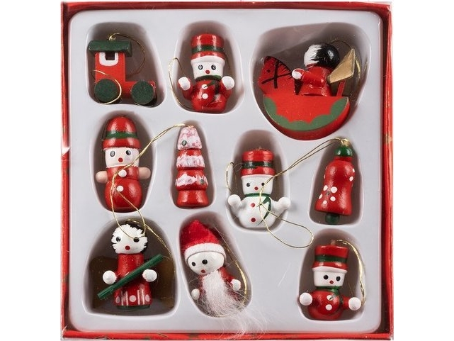 Ruhhy juletræskugler med vedhæng i træ 10 stk juletræspynt