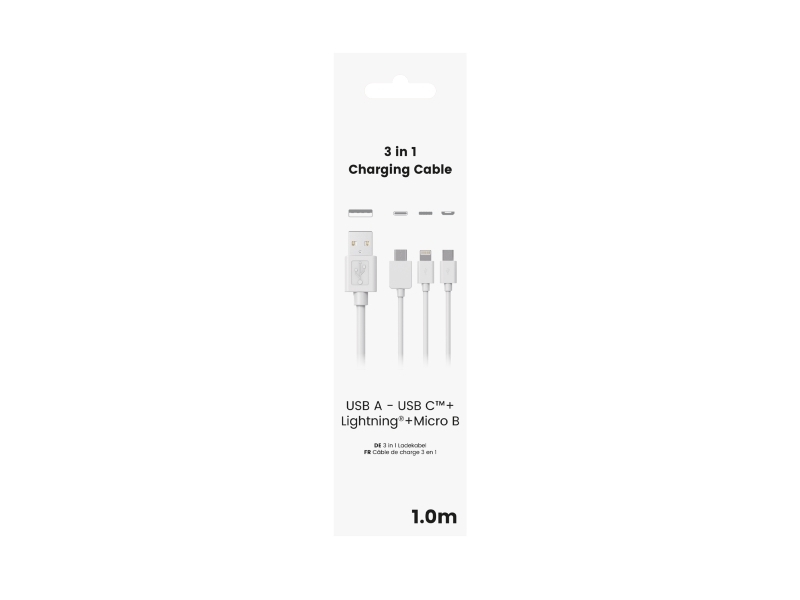 Sinox 3-i-1 kabel med Lightning, USB C og Micro USB. 1m. Hvid
