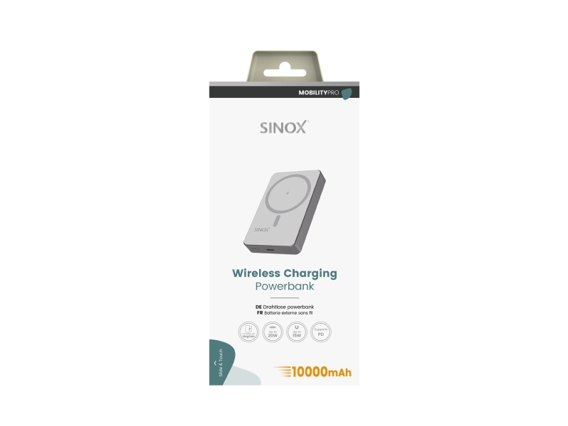 Sinox Pro Trådløs Power Bank 10000 Mah. Grå