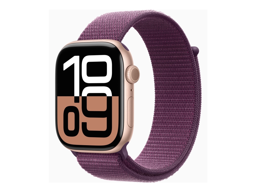 Apple Watch Series 10 (GPS) - 42 mm - guldrosa aluminium - smart klocka med sportögla - mjukt nylon i dubbla lager - plommonfärgat - handledsstorlek: 130-200 mm - 64 GB - Wi-Fi 4, UWB, Bluetooth - 30 g | Sport & Träning - Pulsklockor & Smartwatches - Smartklockor | GameStuff