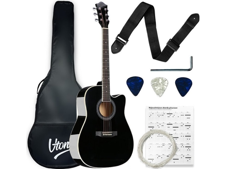 V-TONE AG TWO BK akustisk guitar 4/4 sort sæt plektrum stroplade ekstra strenge etui akkorder toneartsnøgle