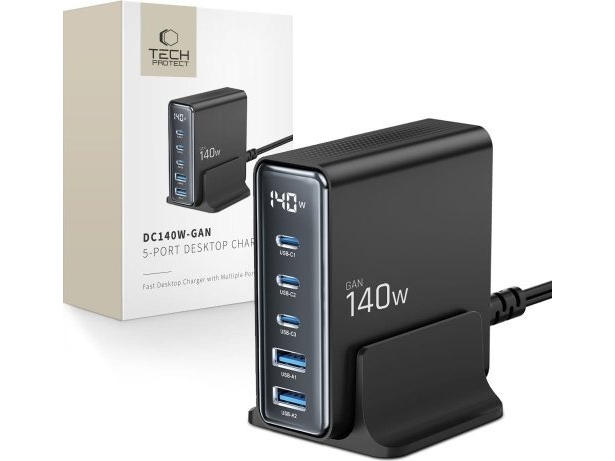 Tech-Protect Dc140w-Gan 5-Ports Desktoplader Pd140w/Qc3.0 Black