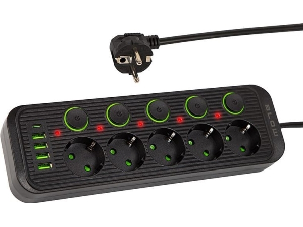 Blow 98-208# Forlængerkabel Ps-530S 5-Socket 4Xusb 1Xusb-C 3M Sort 2X1mm