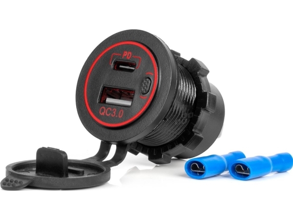 Amio Biloplader Med Usb-Stik Vandtæt Usb + Usb-C Qc3.0 12V 24V Amio-04221