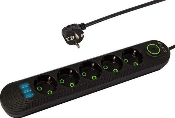 Blow 98-226# Power Extender Ps-520 5-Socket 3Xusb 2M Sort 2X1mm