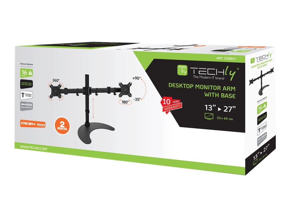 Techly - Stativ - For 2 Lcd Displays - Sort - Skærmstørrelse: 13"-27" - Skrivebord