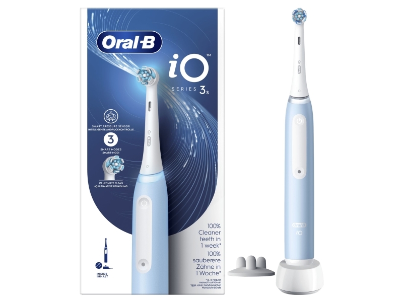 Oral-B Io 3, Erwachsener, Vibrierende Zahnbürste, Tiefenreinigung, Weich, Whitening, Hellblau, Rund, Akku