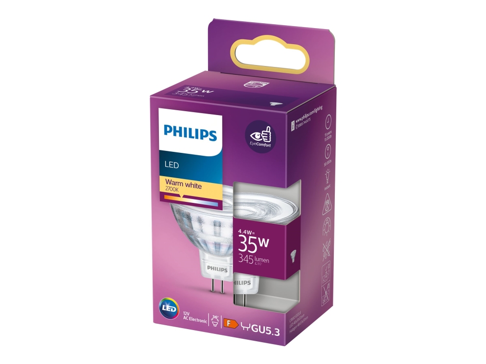 Philips - Led-Spotlight - Form: Mr16 - Gu5.3 - 4.4 W (Motsvarande 35 W) - Klass F - Varmt Vitt Ljus - 2700 K