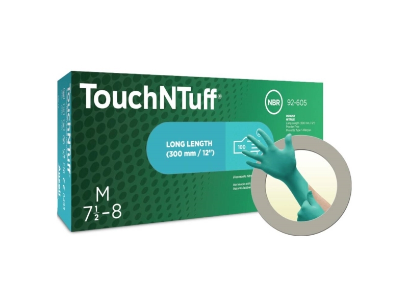 Ansell TouchNTuff 92-605 Lang pudderfri engangshandsker i nitril, er testet overfor type 1- allergier Længde 300 mm tykkelse 0,12 mm AQL 1,5 6.5-7 (S)