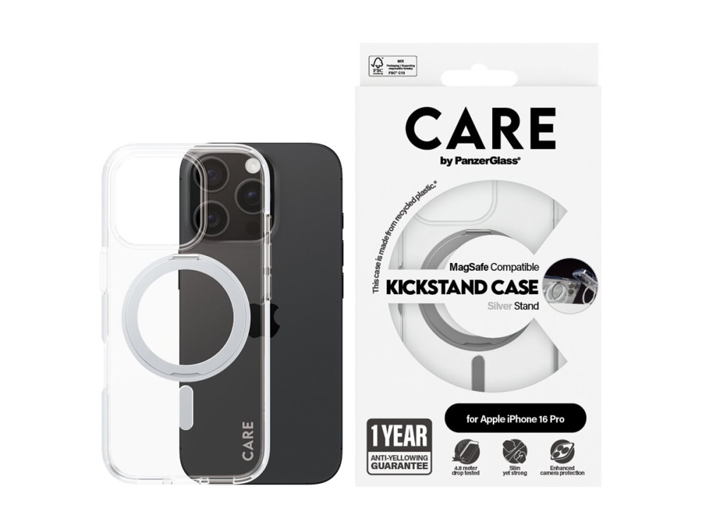 CARE by PanzerGlass - Bakstycke till mobiltelefon - med kickstand - MagSafe-kompatibilitet - termoplastisk polyuretan (TPU), polykarbonat (PC), aluminiumlegering - transparent, silver - för Apple iPhone 16 Pro | Tele & GPS - Mobil tillbehör - Skydd & Väskor | GameStuff