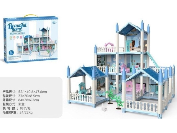 Ramiz 3-etagers dukkehus Blå villa med udstyr