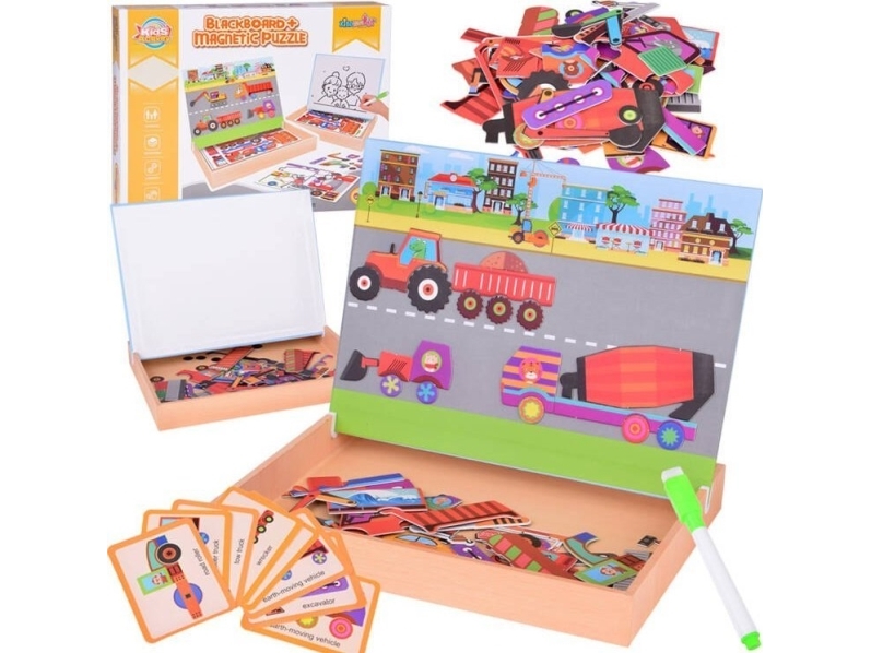 Jokomisiada magnetisk tavle 2-i-1 med magnetiske puslespilsbyggesæt køretøjer ZA5352
