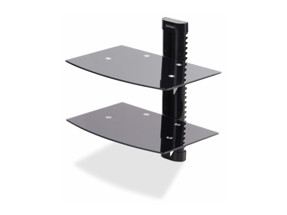 StarTech.com Dual Floating Wall-Mounted AV Shelves, Adjustable Height Shelf For Under TV, Organize A/V Equipment On Black Tempered Glass Shelves - Hylde - for audio-/videokomponenter - aluminium, stål, plastik - sort - vægmonterbar