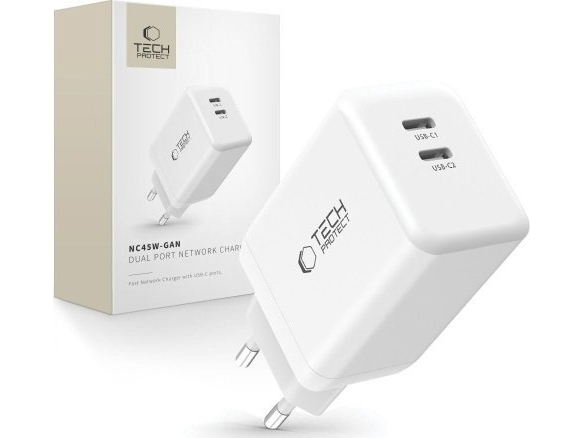 Tech-Protect NC45W-GAN 2-ports netværksoplader PD45W Hvid