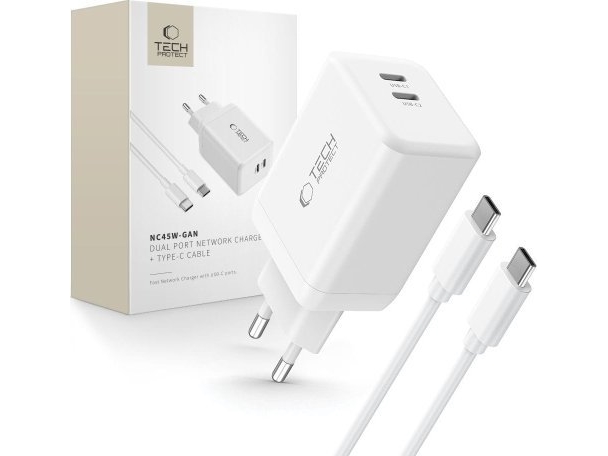 Tech-Protect Tech-Protect Nc45w-Gan 2-Port-Netzwerk-Ladegerät Pd45w + Type-C-Kabel Weiß