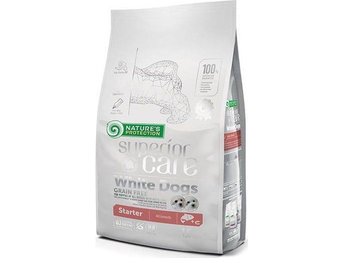 Natures Protection Superior Care White Dogs Grain Free Laks Starter Til Alle Racer 1,5 Kg