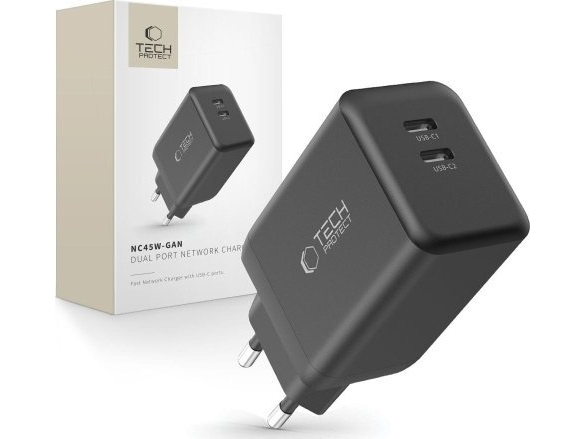 Tech-Protect Netzwerk-Ladegerät Nc45w-Gan 2Xusb-C Netzwerk-Ladegerät Pd45w Schwarz