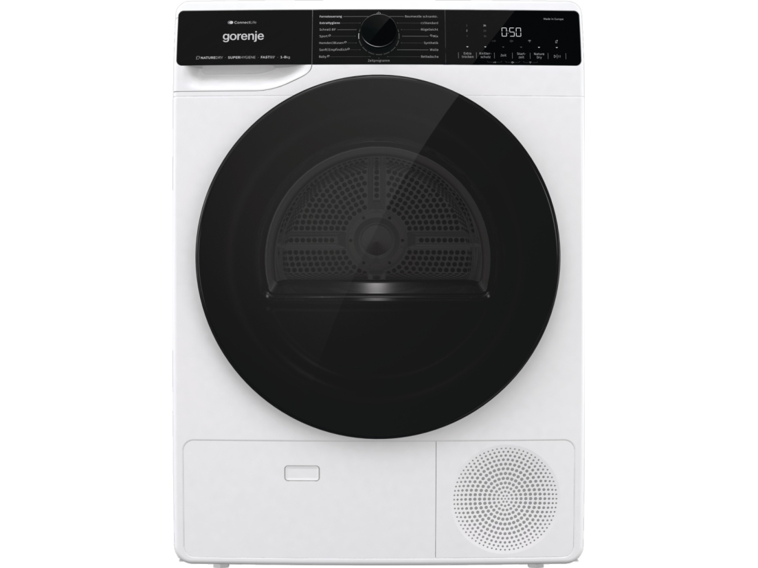Gorenje DPNA83W, Fritstående, Front-læsning, Varmepumpe, Sort, Hvid, Dreje, Berøring, Sort
