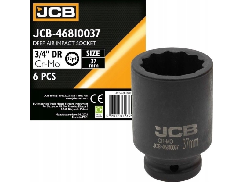 JCB slagnøglebøsning dyb 3/4 37 mm (12-kantet)